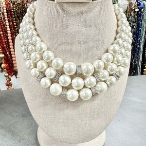 C1946 Three Strand Necklace Faux Pearl And Rhinestone Silver Tone Statement